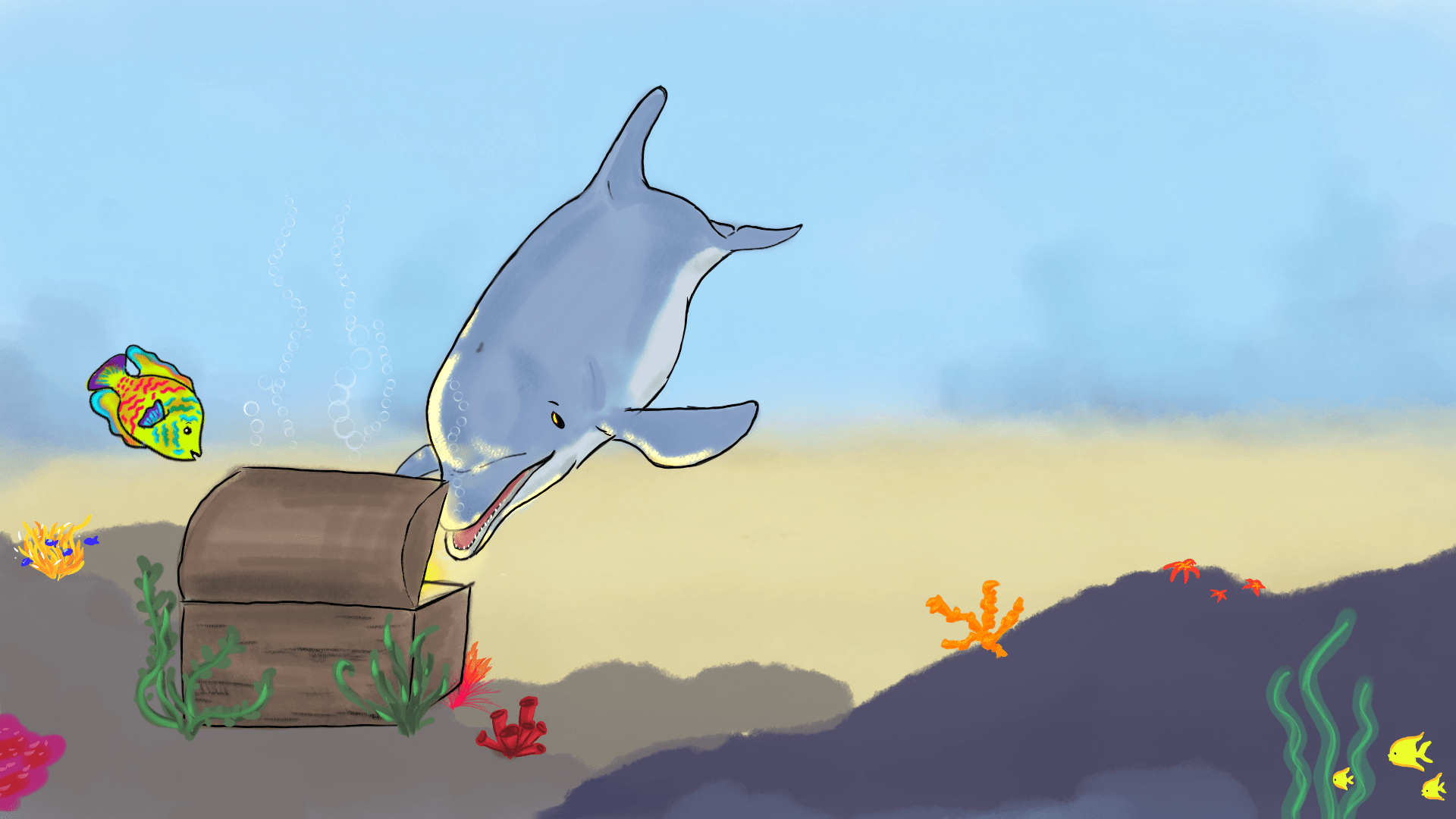 Tekening van dolfijn Doris bij een open schatkist