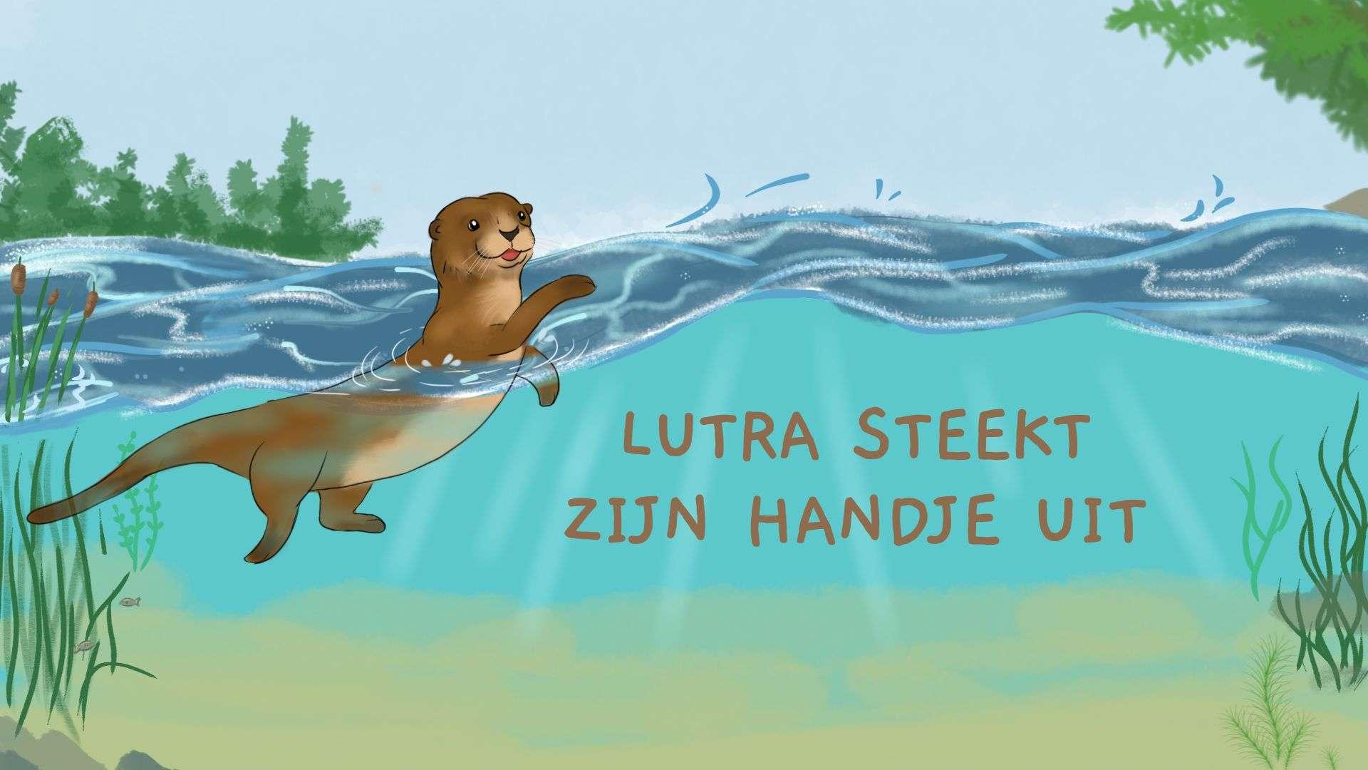 Otter Lutra steekt zijn handje uit boven het water
